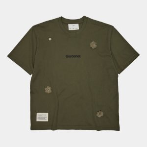 The Gardener Crochet Flower T-Shirt Overdyed Army Green Cotton